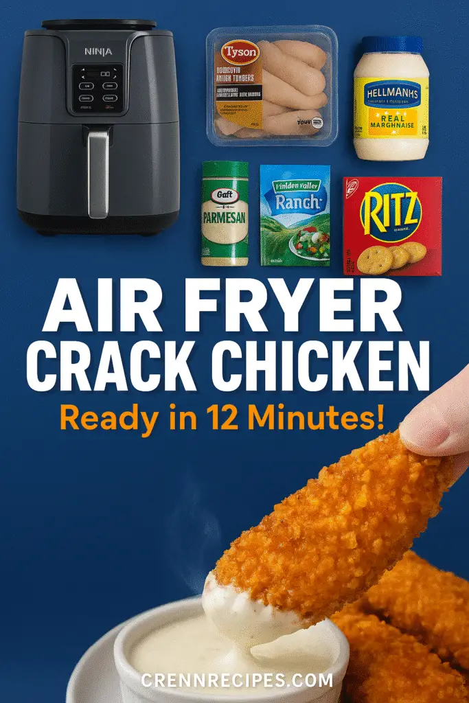 Air fryer crack chicken tenders recipe Pinterest pin - 12 minute CrennRecipes method