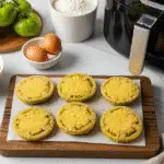 Crispy air fryer fried green tomatoes with golden cornmeal coating on wooden board with ingredients