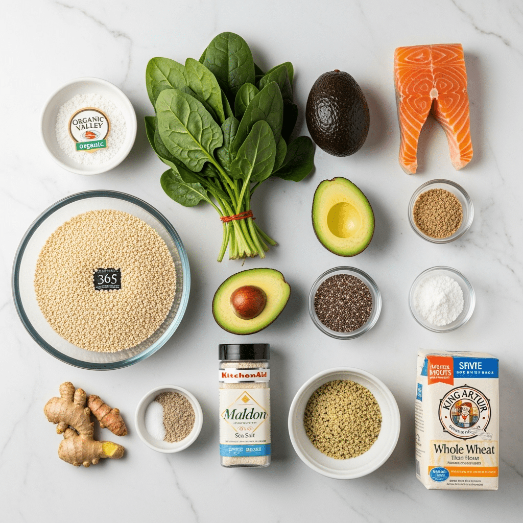 Premium anti-inflammatory ingredients featuring Whole Foods 365 quinoa, Organic Valley greens, and KitchenAid prep bowls
