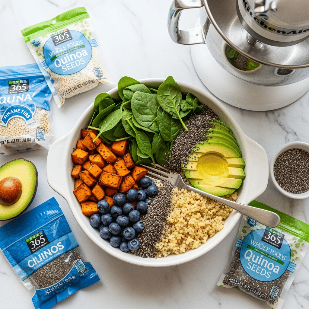 Anti-inflammatory power bowl with quinoa, avocado, and healing ingredients on premium Williams Sonoma tableware