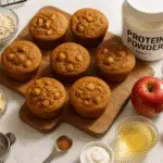 Apple cinnamon protein muffins with visible apple chunks arranged on wooden board with rolled oats vanilla protein powder and Greek yogurt ingredients