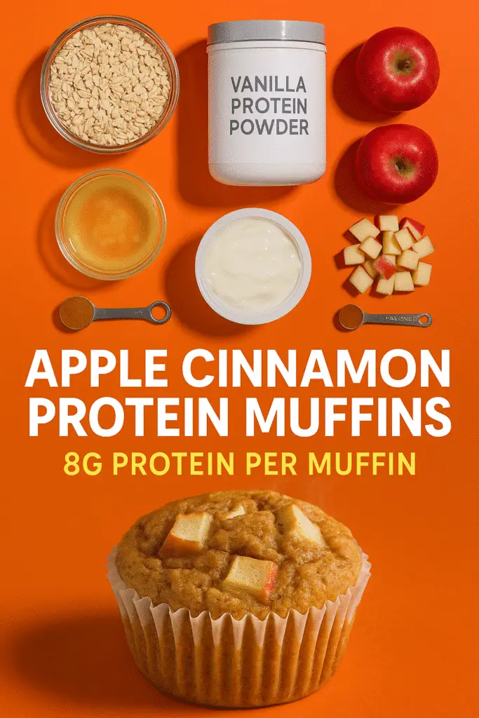 Apple cinnamon protein muffins Pinterest pin showing rolled oats vanilla protein powder fresh apples and Greek yogurt ingredients CrennRecipes