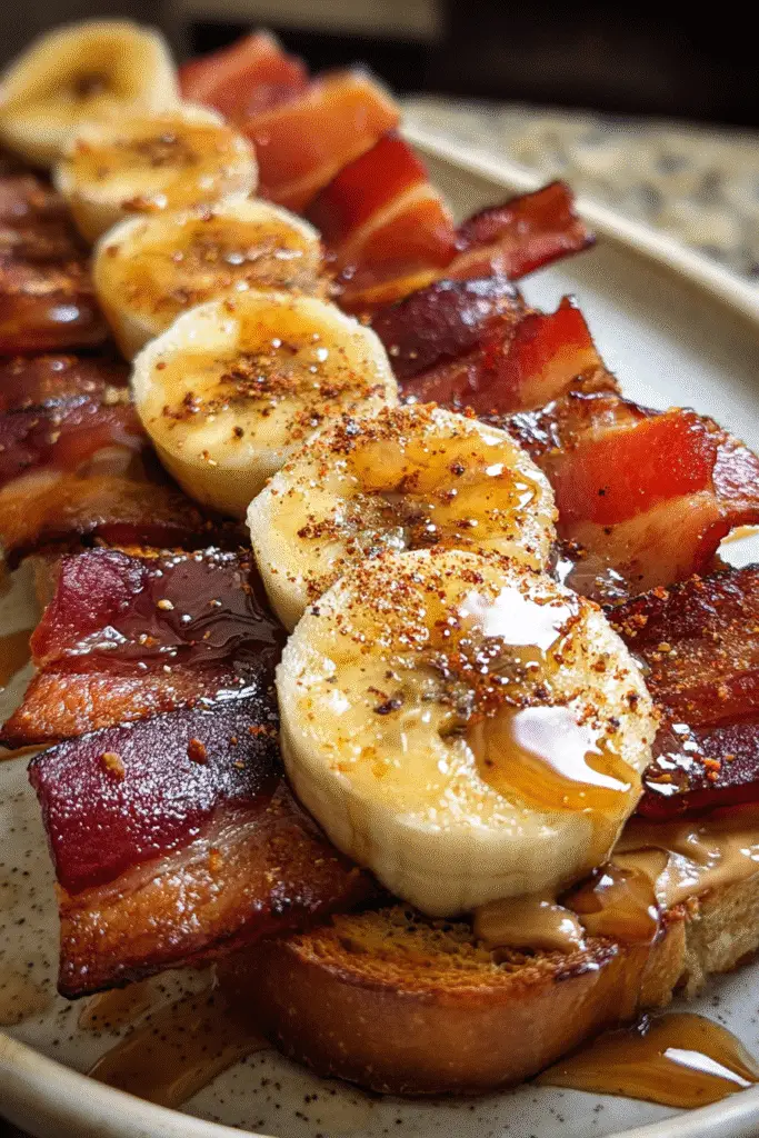 Bacon Banana Bomber Pinterest recipe pin showing sweet and savory sandwich with bacon and caramelized bananas