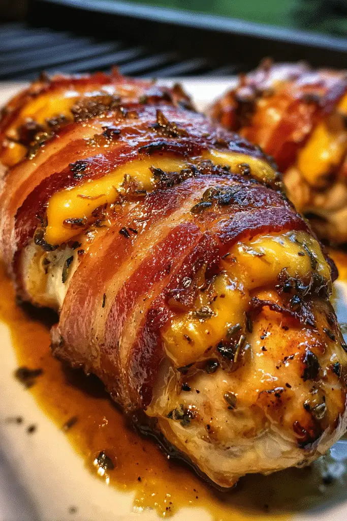 Easy bacon BBQ stuffed chicken recipe Pinterest pin with cooking tips