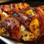 Bacon BBQ stuffed grilled chicken with melted cheese and crispy bacon on grill