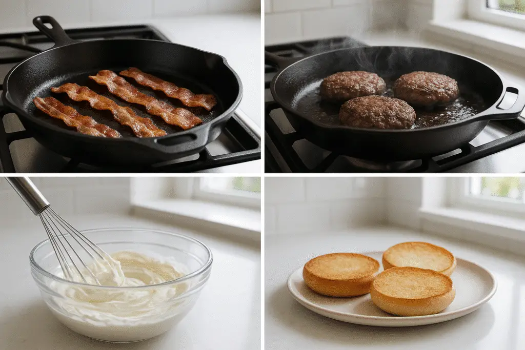 Cooking steps for The Bacon Blackberry Cheesecake Burger preparation