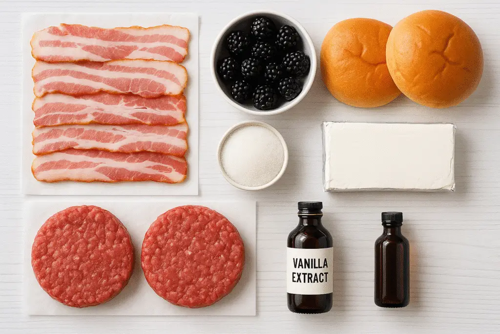 Bacon Blackberry Cheesecake Burger ingredients laid out for cooking
