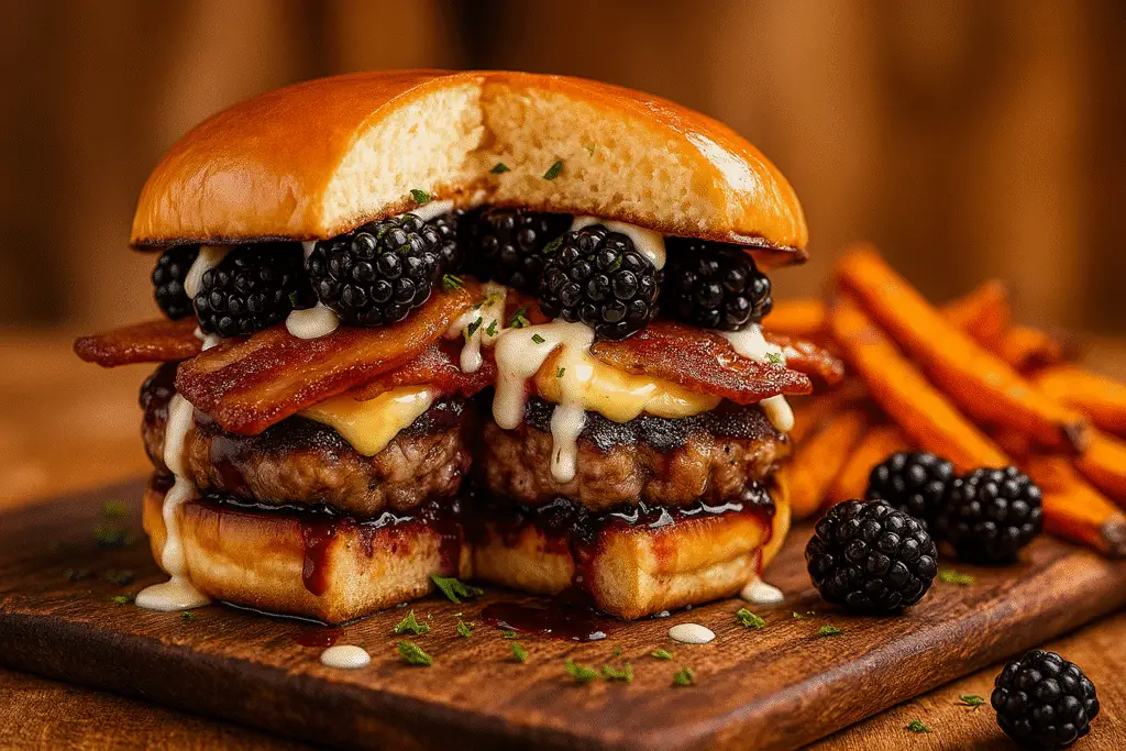 Perfectly served Bacon Blackberry Cheesecake Burger with sides