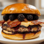 The Bacon Blackberry Cheesecake Burger with crispy bacon and fresh blackberries