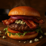 Bacon bleu cheese burger with crispy bacon and blue cheese on brioche bun - CrennRecipes premium recipe