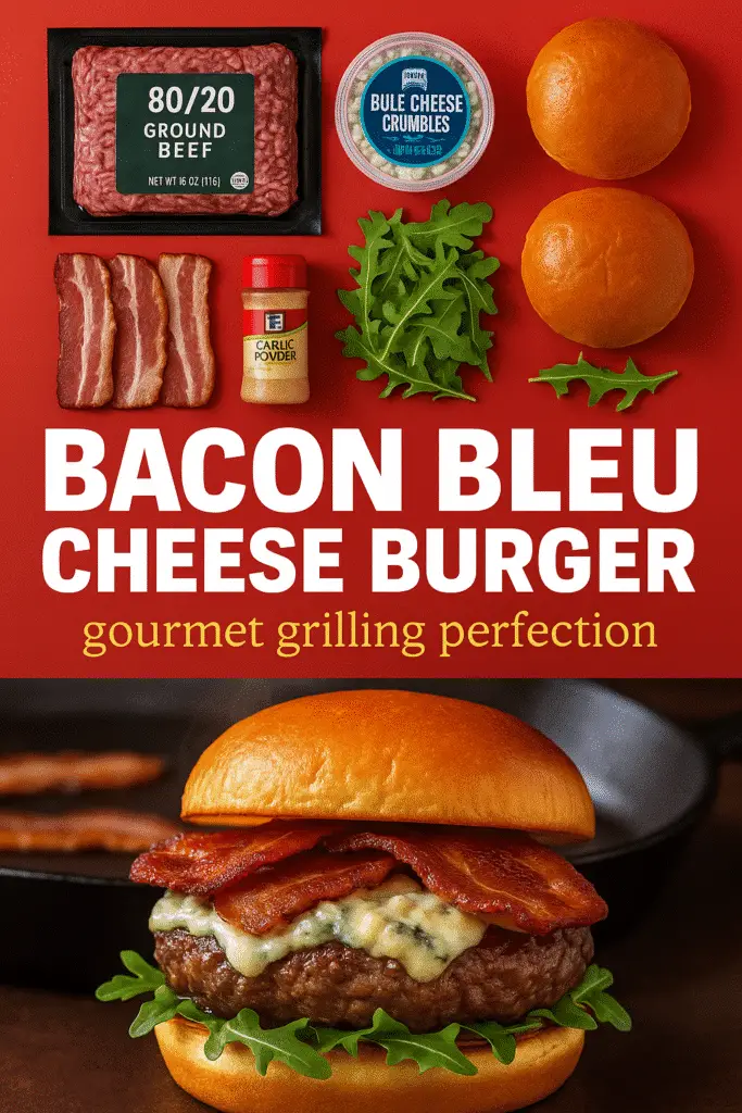 Bacon bleu cheese burger recipe ingredients and finished gourmet burger - CrennRecipes Pinterest