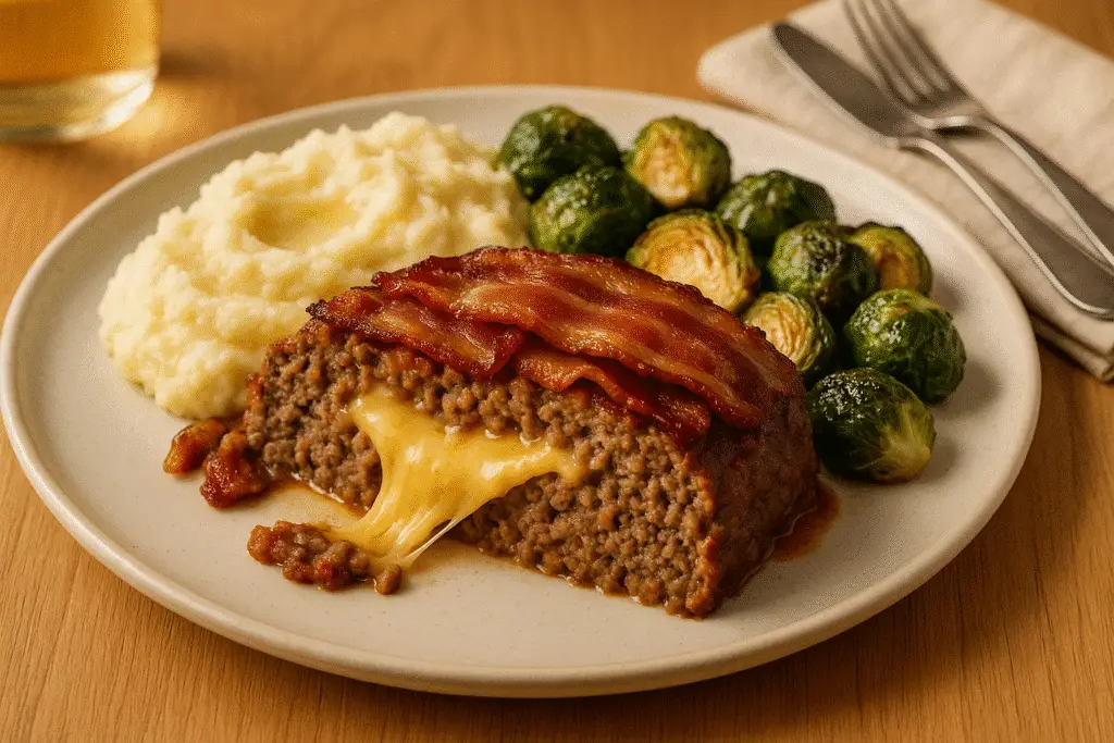 Bacon cheeseburger meatloaf dinner plate with mashed potatoes and vegetables