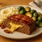 Bacon cheeseburger meatloaf dinner plate with mashed potatoes and vegetables