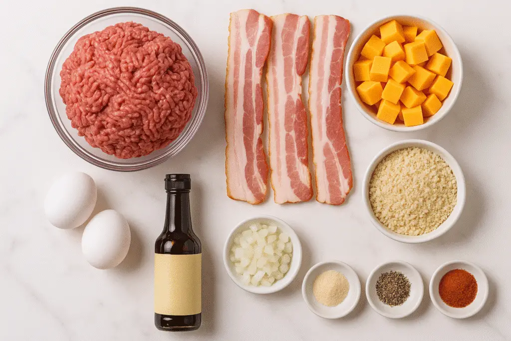 Bacon cheeseburger meatloaf ingredients laid out including ground beef, bacon, and cheese