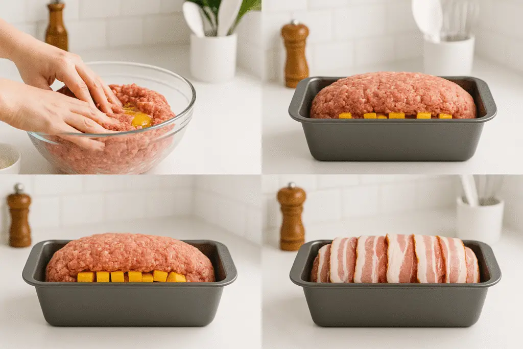 Step by step bacon cheeseburger meatloaf preparation with hands mixing ingredients