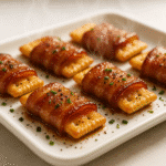 Bacon and crackers appetizer with crispy bacon and brown sugar glaze on white serving platter