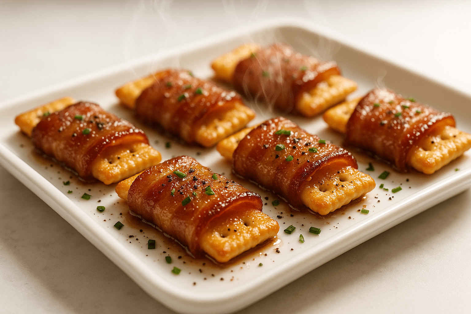 Bacon and crackers appetizer with crispy bacon and brown sugar glaze on white serving platter