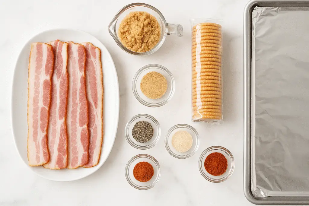 Bacon crackers ingredients including thick cut bacon Ritz crackers brown sugar and spices overhead view