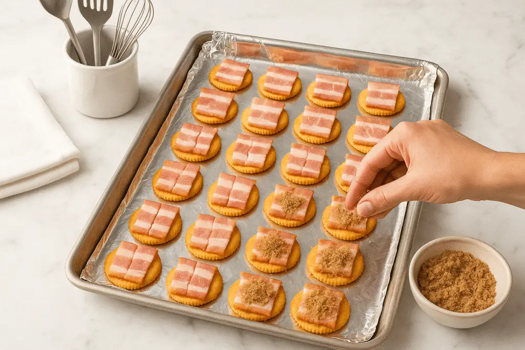 How to make bacon crackers pig candy bites step by step assembly process on baking sheet