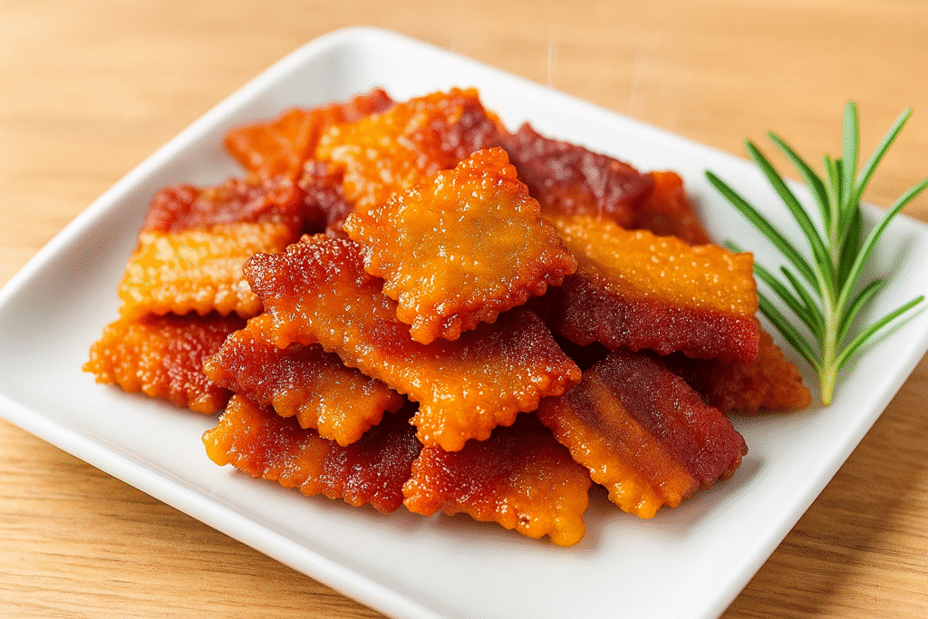 Bacon crackers pig candy bites served on white ceramic platter ready for party appetizer