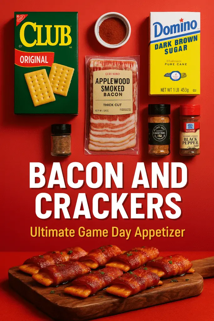 Bacon and crackers appetizer Pinterest pin showing ingredients and finished recipe from CrennRecipes
