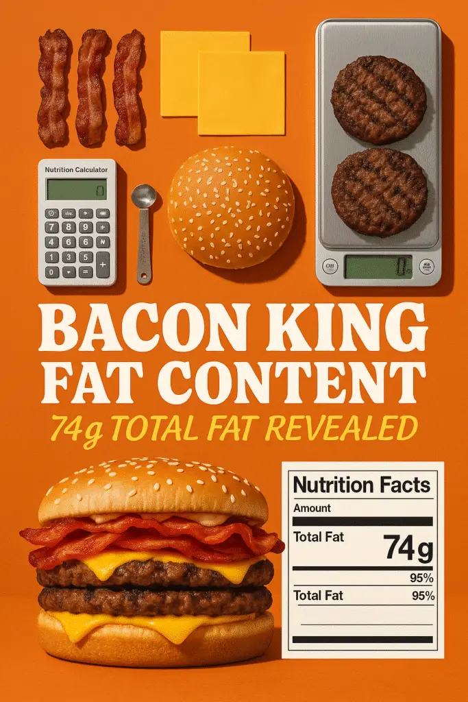 Bacon King fat content analysis Pinterest pin revealing 74g total fat with detailed nutritional breakdown