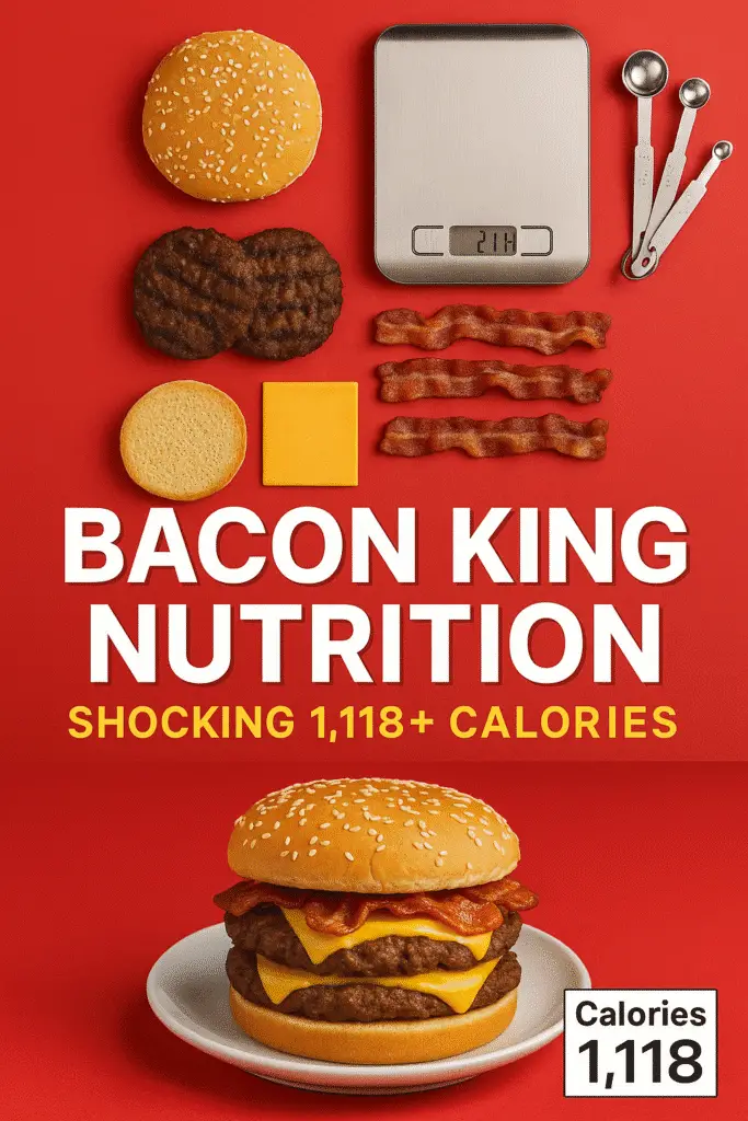 Bacon King nutrition Pinterest pin showing 1,118+ calories with burger components and nutritional analysis tools