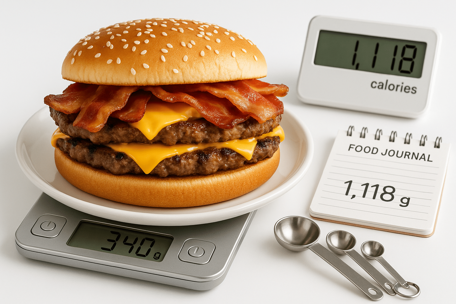 Bacon King nutrition analysis showing 1,118 calories with complete burger breakdown and food scale measurement