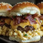 Delicious bacon mac and cheese burger sliders with melted cheddar on slider buns