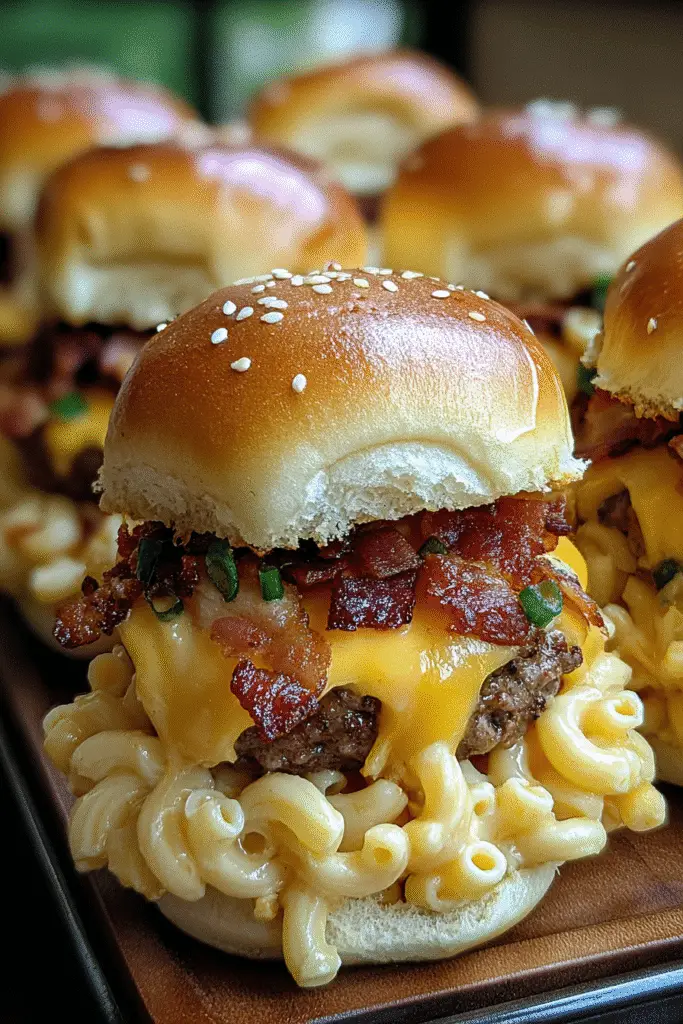 Pinterest-style bacon mac and cheese burger sliders recipe with ingredients visible