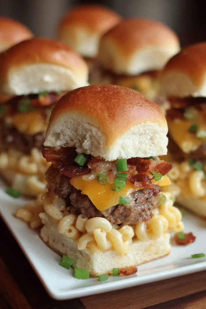 Close-up view of bacon mac and cheese burger sliders showing pasta and bacon inside patty
