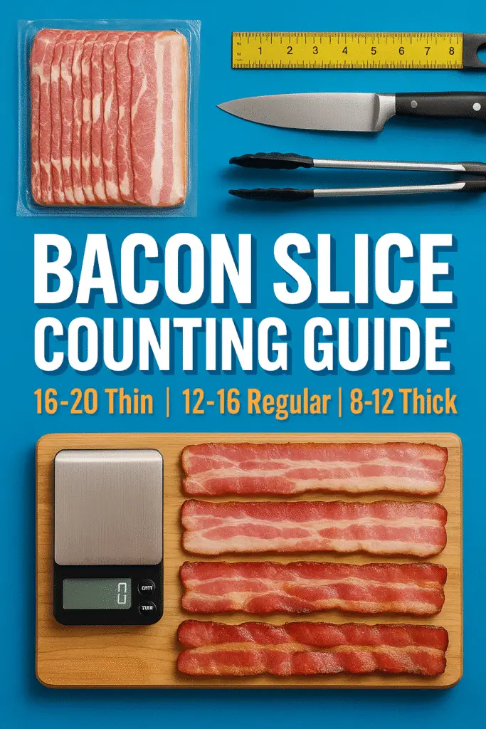 Bacon slice counting guide Pinterest pin showing portions per pound by thickness