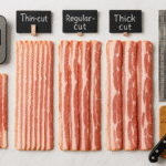 How many bacon slices in one pound measurement guide showing different thicknesses on kitchen scale