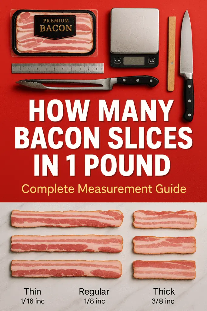Pinterest pin showing how many bacon slices per pound with measurement guide for cooking