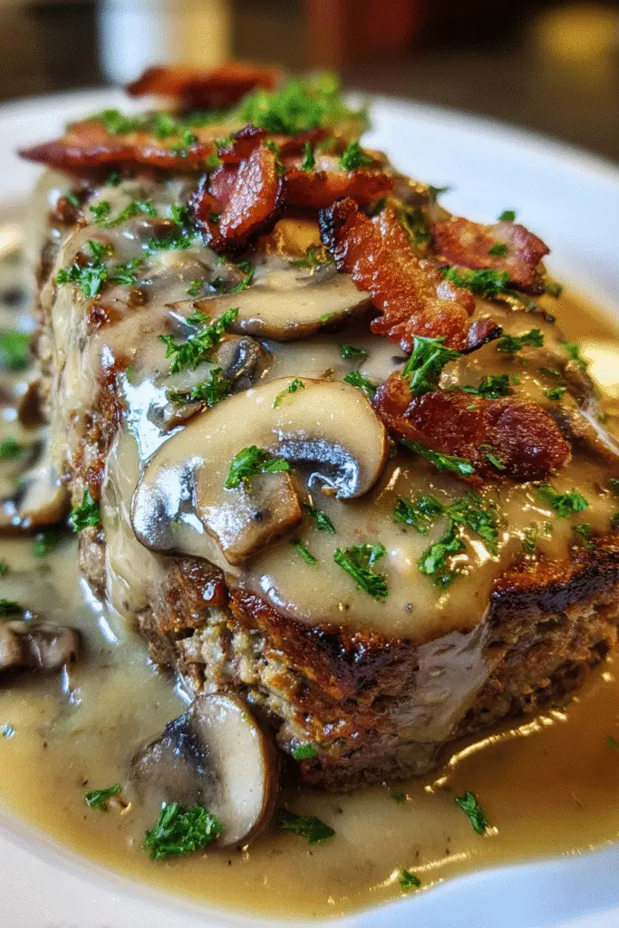 Sliced Bacon Swiss Meatloaf with mushroom gravy drizzled on top for Pinterest sharing
