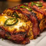 Bacon-wrapped jalapeño popper meatloaf slice showing creamy cheese filling and crispy bacon exterior
