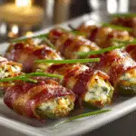 Golden crispy bacon wrapped jalapeño poppers with melted cheese filling on white serving platter