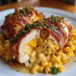 Bacon-wrapped mac 'n' cheese stuffed chicken breasts with premium ingredients and golden crispy bacon exterior