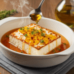 Baked feta with honey drizzle Mediterranean appetizer in ceramic dish with olive oil and fresh herbs