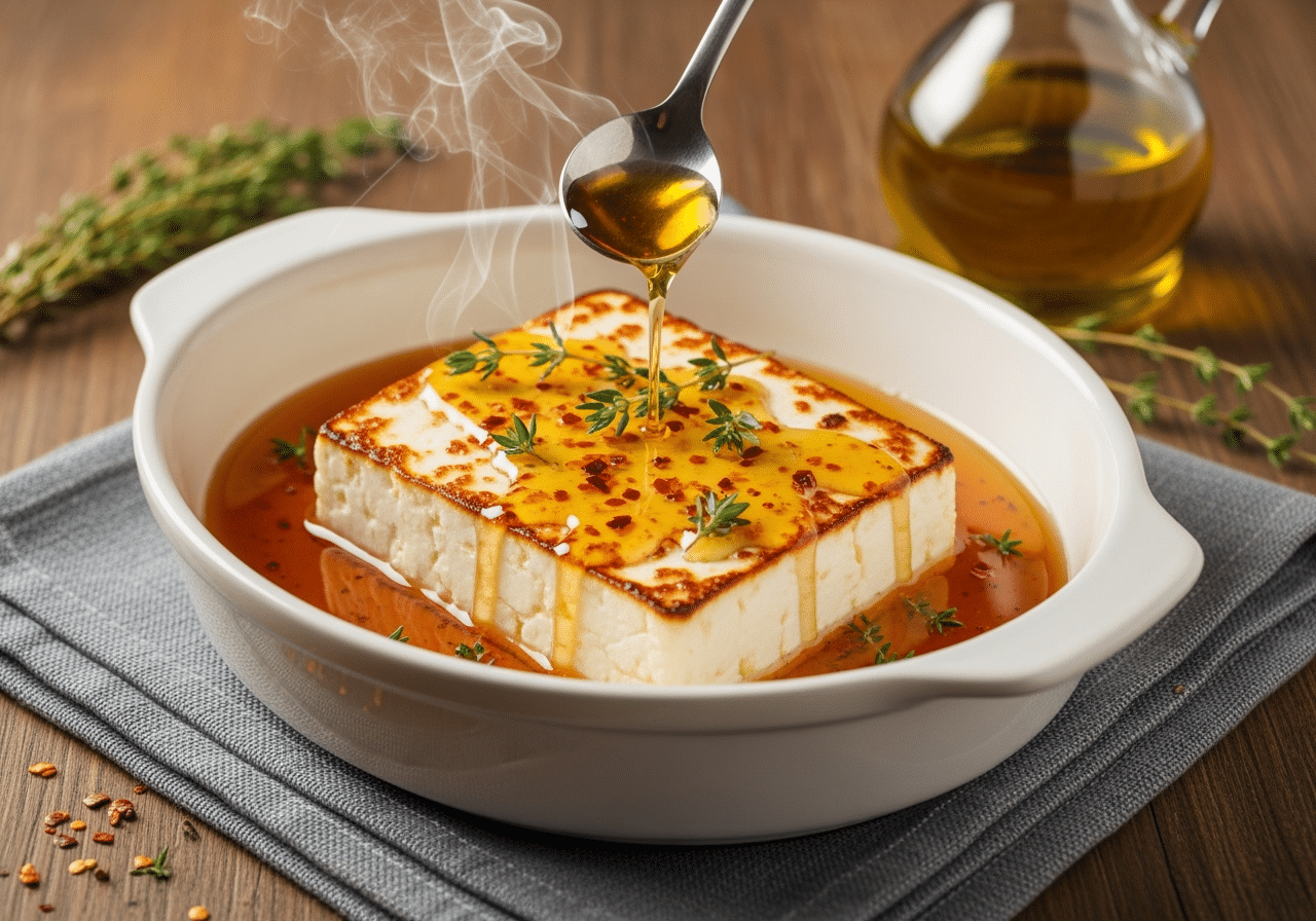 Baked feta with honey drizzle Mediterranean appetizer in ceramic dish with olive oil and fresh herbs