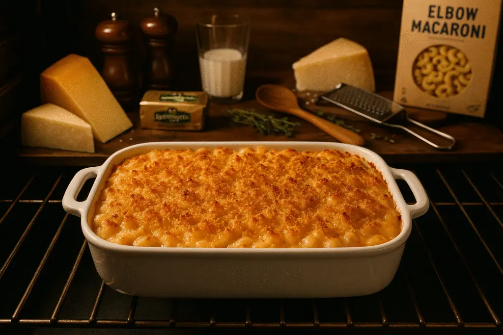 Baked mac and cheese with golden panko topping in oven showing perfect browning and bubbling cheese