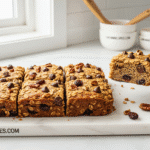Baked oatmeal squares with chocolate chips and pecans on marble cutting board - CrennRecipes.com healthy breakfast recipe