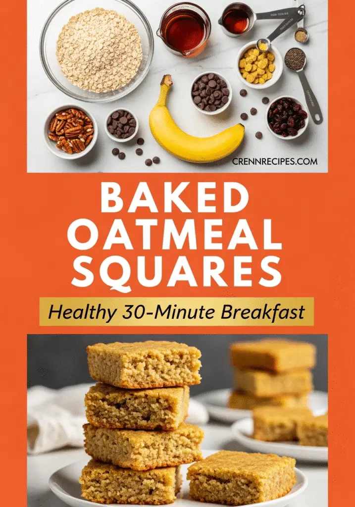 Baked oatmeal squares ingredients flat lay Pinterest pin featuring organic oats chocolate chips pecans - CrennRecipes.com
