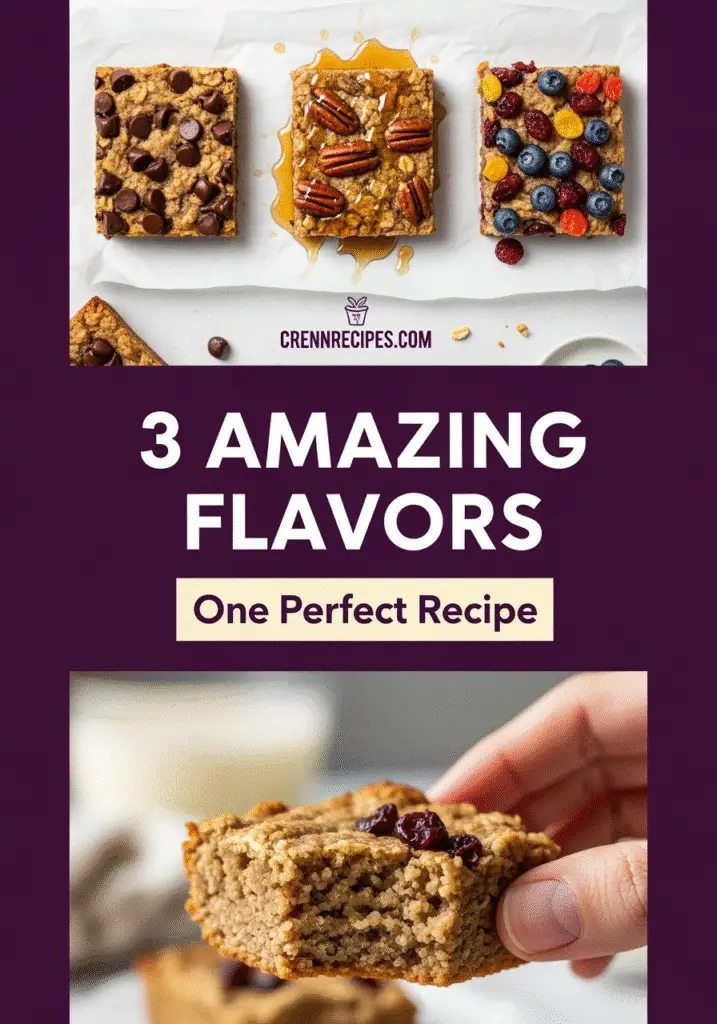 Three baked oatmeal squares flavor variations chocolate chip maple pecan berry blast - CrennRecipes.com breakfast recipes