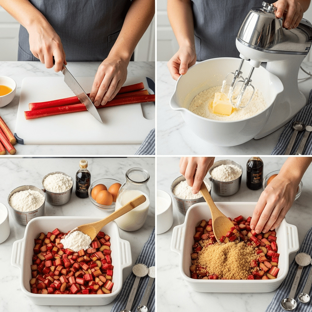 Step by step cooking process making baked sticky rhubarb pudding recipe with knife mixing and baking