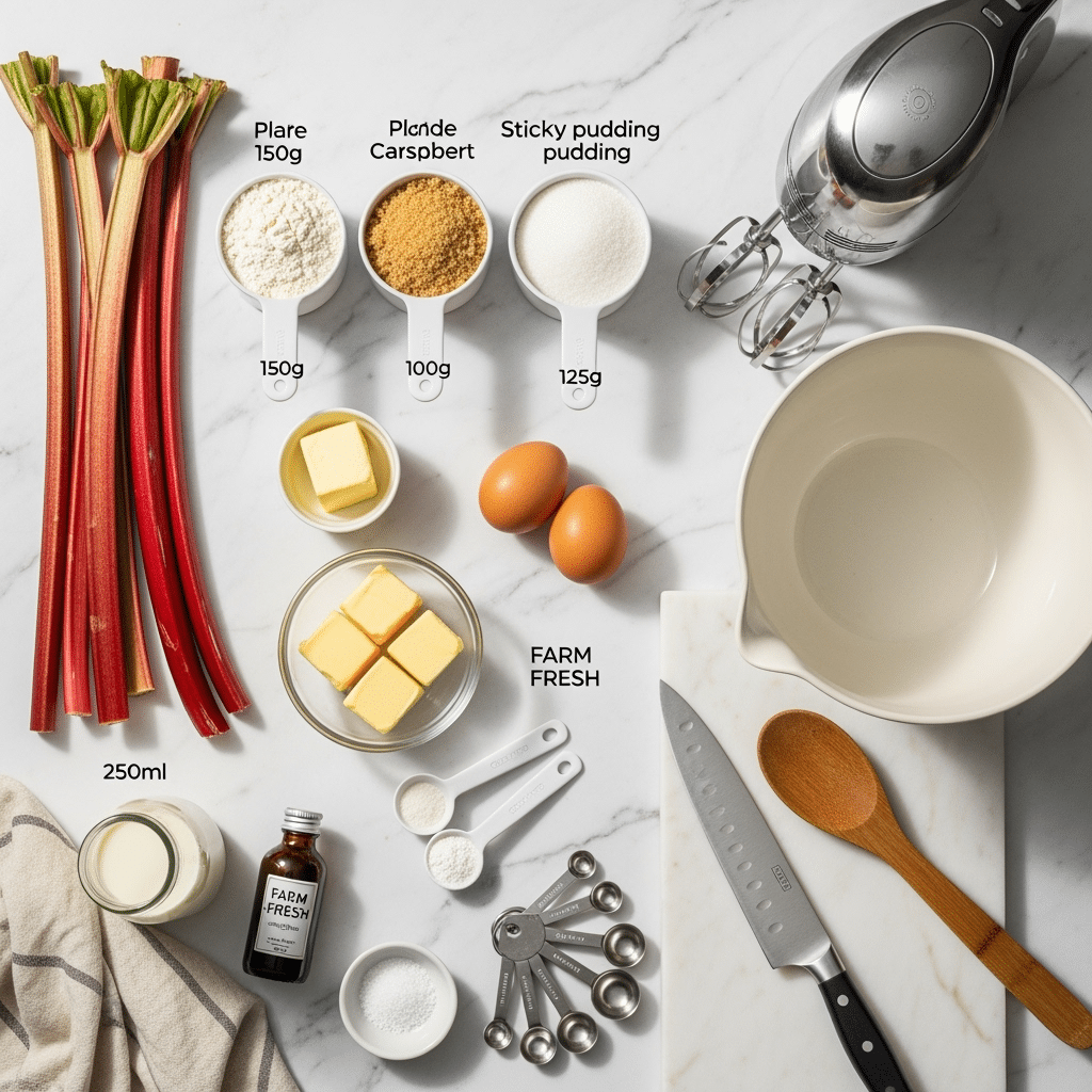 Fresh rhubarb stalks flour sugar butter eggs and baking ingredients for sticky rhubarb pudding recipe