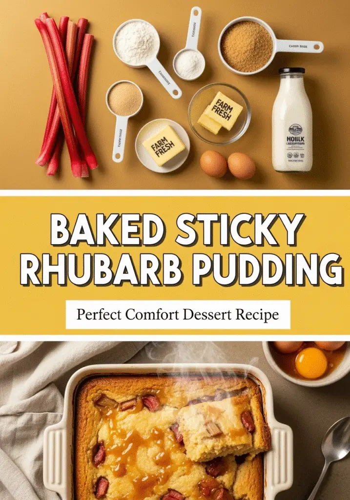 Pinterest optimized pin for baked sticky rhubarb pudding recipe with ingredients and finished dessert