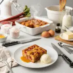 Served slice of baked sticky rhubarb pudding recipe with vanilla ice cream on white plate
