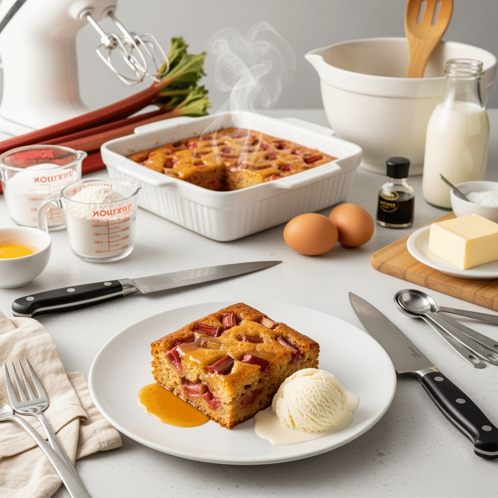 Served slice of baked sticky rhubarb pudding recipe with vanilla ice cream on white plate