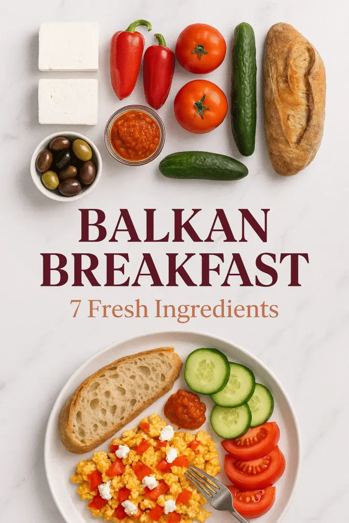 Balkan breakfast Pinterest pin featuring 7 traditional ingredients including feta cheese and ajvar spread from CrennRecipes